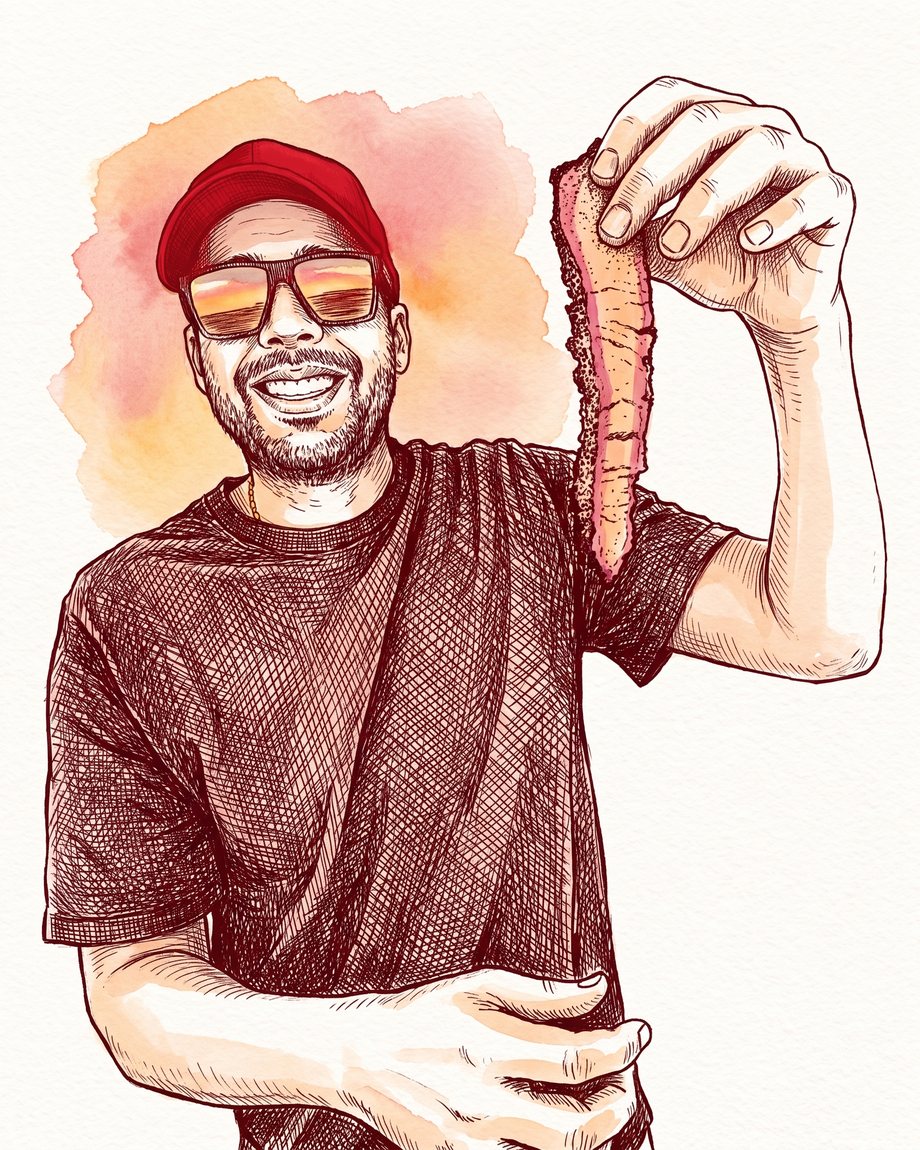 Ink and watercolour portrait of Alaa Sherif in a red cap, holding up a slice of smoked brisket